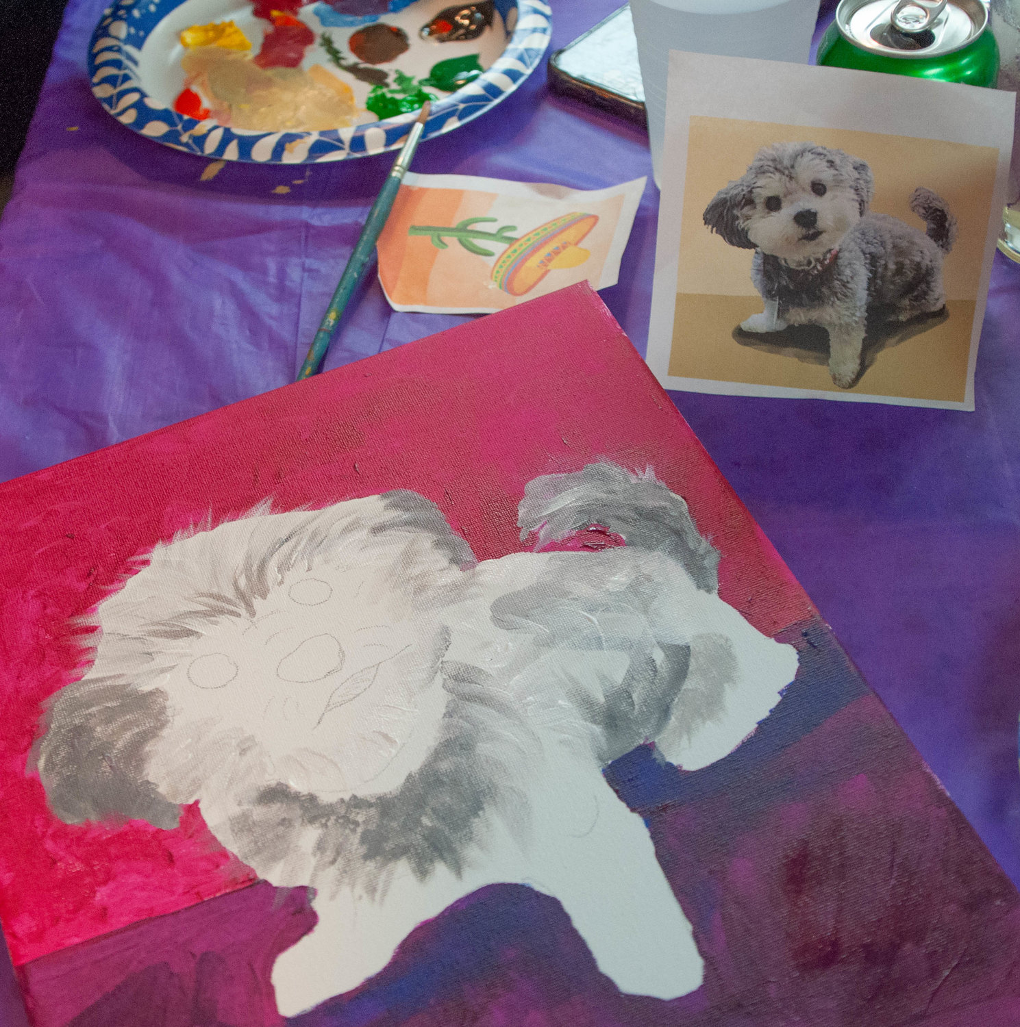 I moaned that Dharma looked more like a leprechaun than a dog. "Just keep referring to the photo and paint what you see," teaching artist Kim M. Simons instructed me during the Paint Party at Hector's Inn. "It's not bad!”